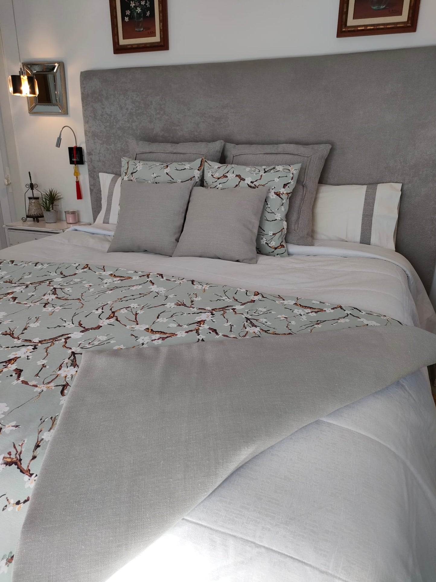 Conjunto de Cama Hecho a mano - Flor de Almendro - Verde Agua