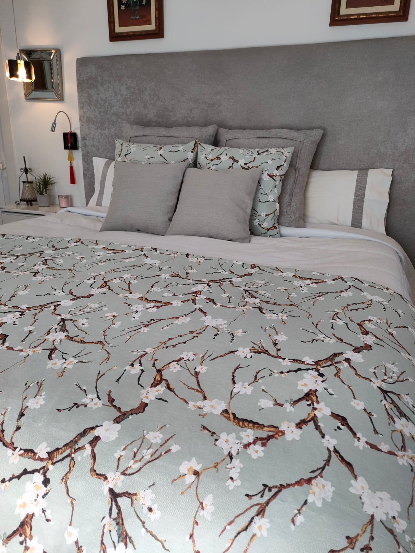 Conjunto de Cama Hecho a mano - Flor de Almendro - Verde Agua